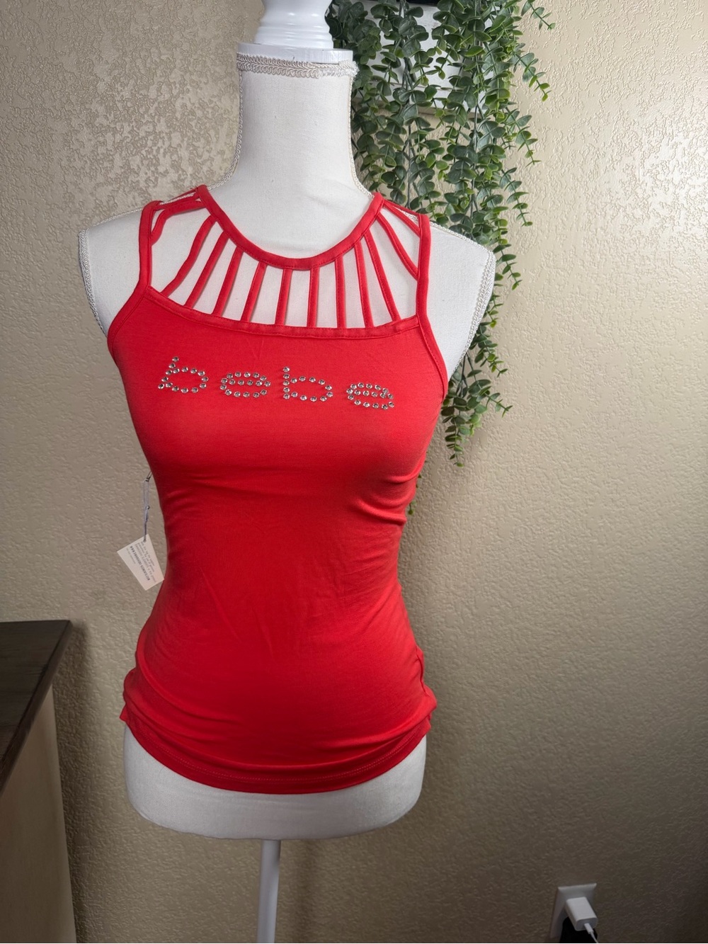bebe Red Strappy Cutout Rhinestone Logo Tank